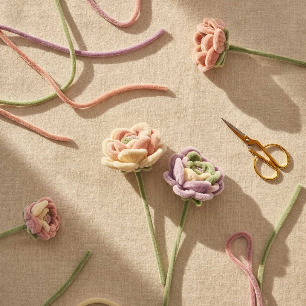 A flatlay of pastel chenille pipe-cleaner stems and half-finished handmade flowers on a craft table